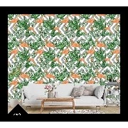 Wall212 3d Natural 3 Boyutlu Gri Beyaz Geometrik Desen Üstüne Yeşil Yaprak Turuncu Flamingo Desenli 2624 Duvar Kağıdı 5 M²