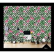 Wall212 3d Natural 3 Boyutlu Siyah Beyaz Geometrik Desen Üstüne Yeşil Yaprak Pembe Flamingo Desenli 2623 Duvar Kağıdı 5 M²