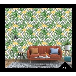Wall212 3d Natural 3 Boyutlu Gri Beyaz Geometrik Desen Üstüne Yeşil Yaprak Sarı Flamingo Desenli 2625 Duvar Kağıdı 5 M²