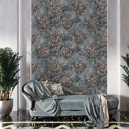 Duka Voyage Mavi Gri Hareli Zemin Gold Kahve Damask Desenli 24760-3 Duvar Kağıdı 10.60 M²