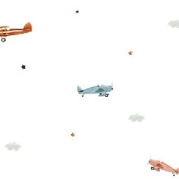 Adawall Ada Kids Beyaz Gökyüzü Yıldız Bulutlar Arasında Renkli Uçak Desenli 8907-1 Duvar Kağıdı 10 M²