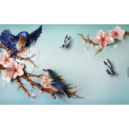 3d Manzara Ağaç Dalı Üzerinde Kuşlar Ve Kelebekler