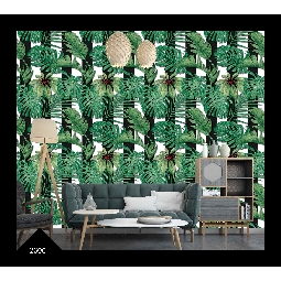 Wall212 3d Natural 3 Boyutlu Siyah Beyaz Çizgili Desen Üzerine Tropikal Yeşil Yaprak Desenli 2600 Duvar Kağıdı 5 M²