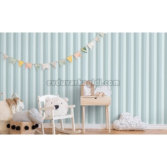 Adawall Ada Kids Beyaz Mavi Gri Çizgi Desenli 8908-2 Duvar Kağıdı 10 M²