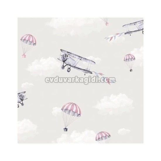 Golden Happy Kids Beyaz Gri Mavi Gökyüzü Uçak Paraşüt Desenli 1852 Duvar Kağıdı 5 M²