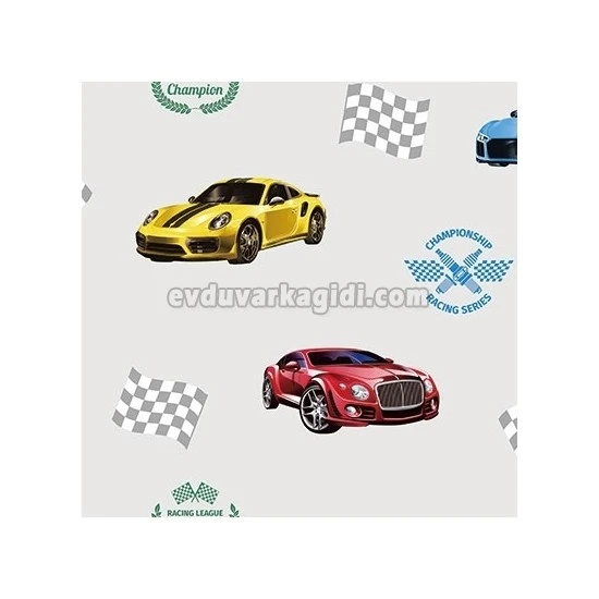 Adawall Ada Kids Gri Zemin Üstünde Renkli Yarış Araba Desenli 8909-2 Duvar Kağıdı 10 M²