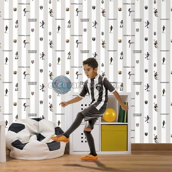 Duka Kids Collection Gri Beyaz Çizgili Çubuk Üzerine Futbolcu Figürleri Desenli 15161-2 Duvar Kağıdı 16.20 M²