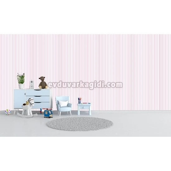 Milky Baby Beyaz Pembe Çubuk Çizgi Desenli Bebek Odası 425-3 Duvar Kağıdı