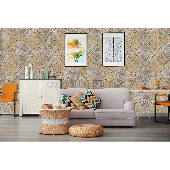 Bella Wallcoverings Hardal Gri Soyut Geometrik Ahşap Desenli YG30701 Duvar Kağıdı 16.50 M²