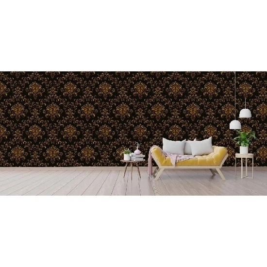 Ottoman Wallcoverings Siyah Zemin Bakır Motifler Damask Desenli C037 Duvar Kağıdı 16.50 M²