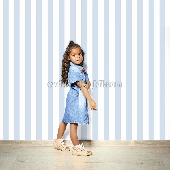 Duka Kids Collection Mavi Beyaz Geniş Çizgili Çubuk Desenli 15162-3 Duvar Kağıdı 16.20 M²