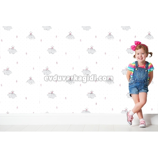 Milky Baby Beyaz Pembe Elbise Desenli Bebek Odası 416-1 Duvar Kağıdı