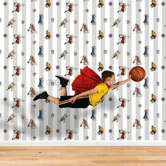 Duka Kids Collection Gri Beyaz Çizgili Zemin Üstünde Basketbolcu Temalı Desenli 15188-2 Duvar Kağıdı 16.20 M²