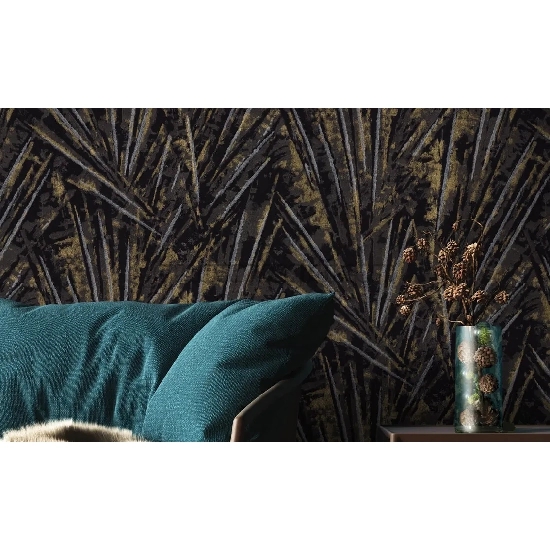 Decowall Tudor Siyah Antrasit Soyut Yaprak Kristal Desenli 3510-01 Duvar Kağıdı 16.50 M²