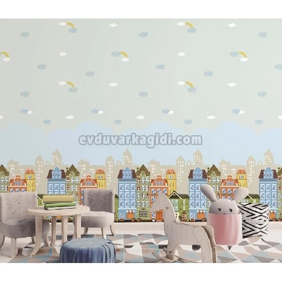 Adawall Ada Kids Çok Renkli Binalar City Desenli 8903-1 Duvar Kağıdı 10 M²