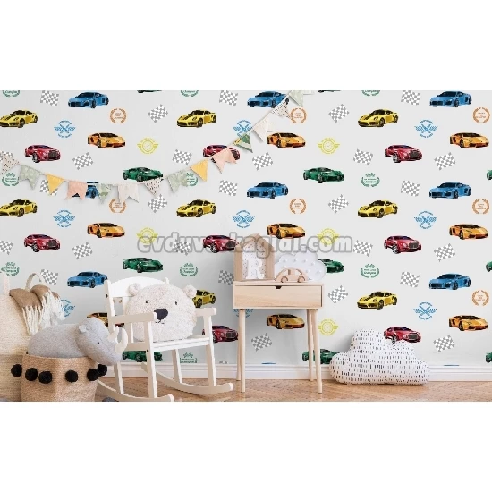 Adawall Ada Kids Gri Zemin Üstünde Renkli Yarış Araba Desenli 8909-2 Duvar Kağıdı 10 M²