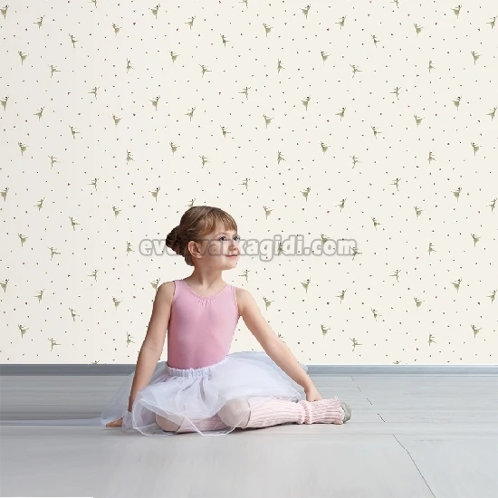 Duka Kids Collection Beyaz Zemin Üstünde Pembe Yeşil Balerinler Ve Kalp Desenli 15171-2 Duvar Kağıdı 16.20 M²