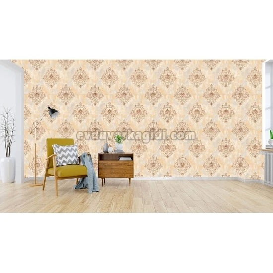 Bella Wallcoverings Sarı Gri Kahve Damask Desenli YG31102 Duvar Kağıdı 16.50 M²