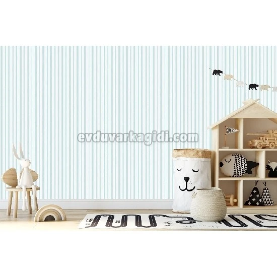 Adawall Ada Kids Açık Mavi Beyaz Çizgi Desenli 8900-4 Duvar Kağıdı 10 M²