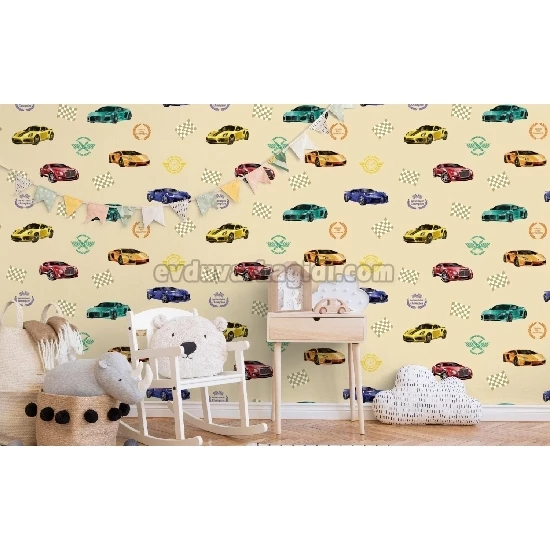 Adawall Ada Kids Bej Zemin Üstünde Renkli Yarış Araba Desenli 8909-1 Duvar Kağıdı 10 M²