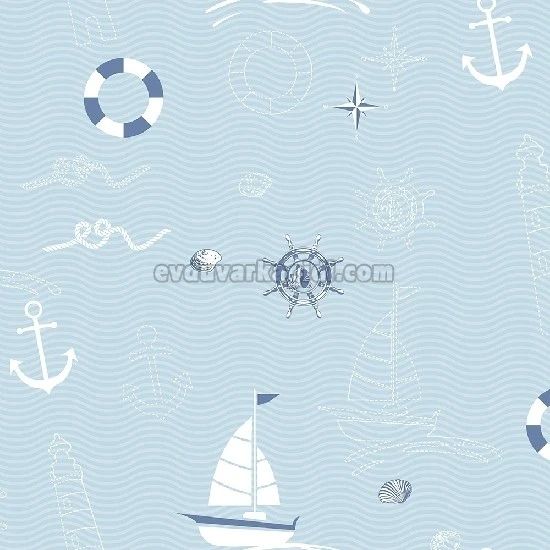 Duka Kids Collection Mavi Ve Açık Mavi Dalga Zemin Üstünde Beyaz Lacivert Desenler Desenli 15163-1 Duvar Kağıdı 16.20 M²