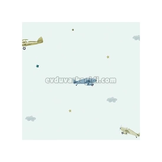 Adawall Ada Kids Mavi Gökyüzü Yıldız Bulutlar Arasında Renkli Uçak Desenli 8907-1 Duvar Kağıdı 10 M²