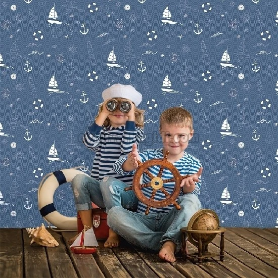 Duka Kids Collection Koyu Mavi Ve Mavi Dalga Zemin Üstünde Beyaz Lacivert Desenler Desenli 15163-2 Duvar Kağıdı 16.20 M²