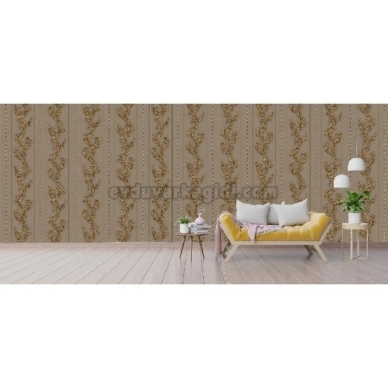 Ottoman Wallcoverings Kahve Zemin Bakır Yaprak Çizgi Desenli B065 Duvar Kağıdı 16.50 M²