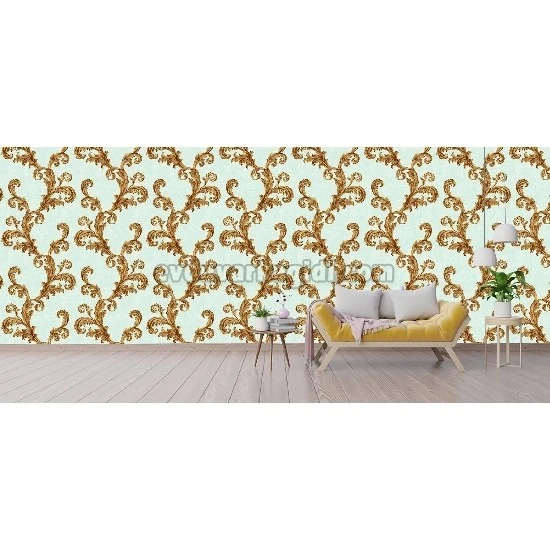 Ottoman Wallcoverings Su Yeşili Zemin Bakır Yaprak Desenli A0054 Duvar Kağıdı 16.50 M²