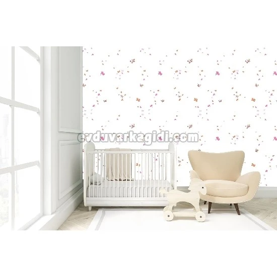 Milky Baby Beyaz Turuncu Pembe Kelebek Desenli Bebek Odası 427-2 Duvar Kağıdı