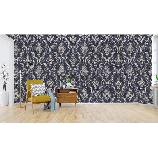 Decowall Retro Lacivert Gri Damask Desenli 5001-01 Duvar Kağıdı 16.50 M²