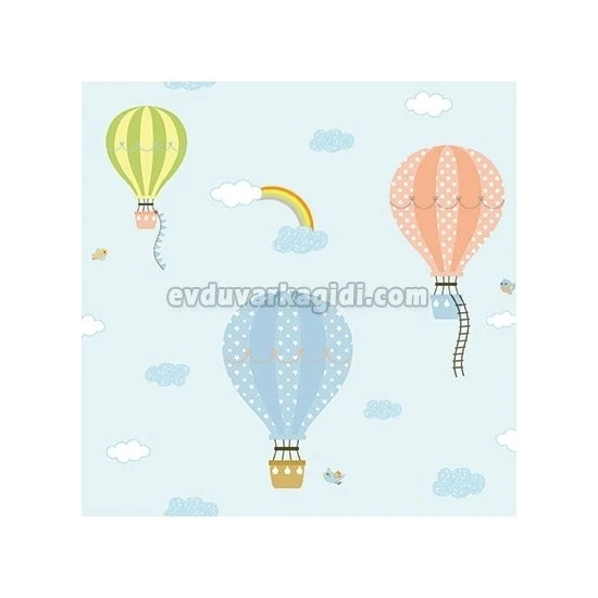 Adawall Ada Kids Mavi Zemin Renkli Balonlar Gökkuşağı Bulut Desenli 8901-1 Duvar Kağıdı 10 M²