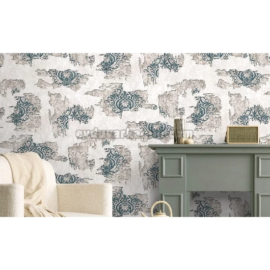 Decowall Odessa Krem Kahve Eskitme Üzerine Yeşil Damask Desenli 2503-02 Duvar Kağıdı 16,50 M2