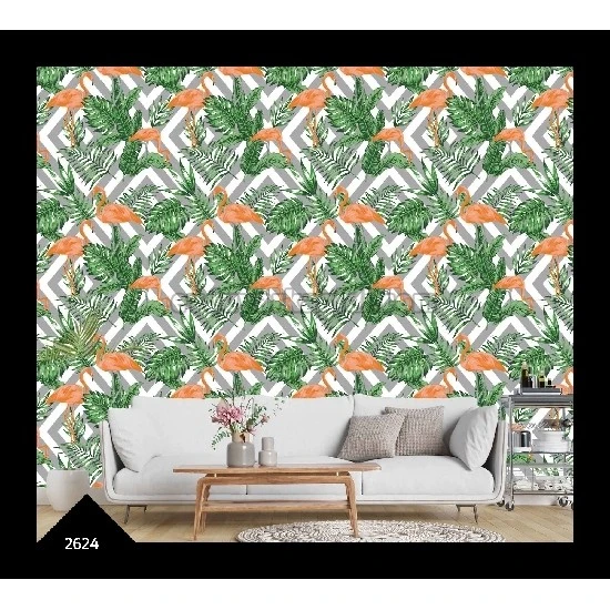 Wall212 3d Natural 3 Boyutlu Gri Beyaz Geometrik Desen Üstüne Yeşil Yaprak Turuncu Flamingo Desenli 2624 Duvar Kağıdı 5 M²