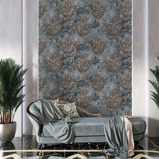 Duka Voyage Mavi Gri Hareli Zemin Gold Kahve Damask Desenli 24760-3 Duvar Kağıdı 10.60 M²