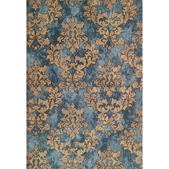 Golden Black Mavi Dokulu Eskitme Zemin Üstüne Bakır Motifli Damask Desenli 41289 Duvar Kağıdı 16.10 M²