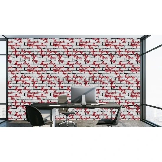 Prowall Petra 3 Boyutlu Beyaz Tuğla Üstünde Kırmızı Sarmaşık Desenli 5202-2 Duvar Kağıdı 16.50 M²