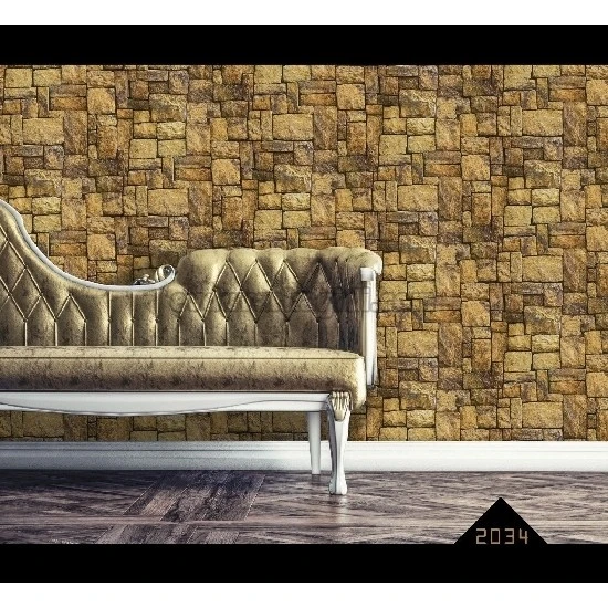 Wall212 3d Single 3 Boyutlu Kahve Hardal Siyah Yığma Taş Desenli 2034 Duvar Kağıdı 5 M²