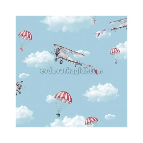 Golden Happy Kids Beyaz Mavi Kırmızı Gökyüzü Uçak Paraşüt Desenli 1851 Duvar Kağıdı 5 M²