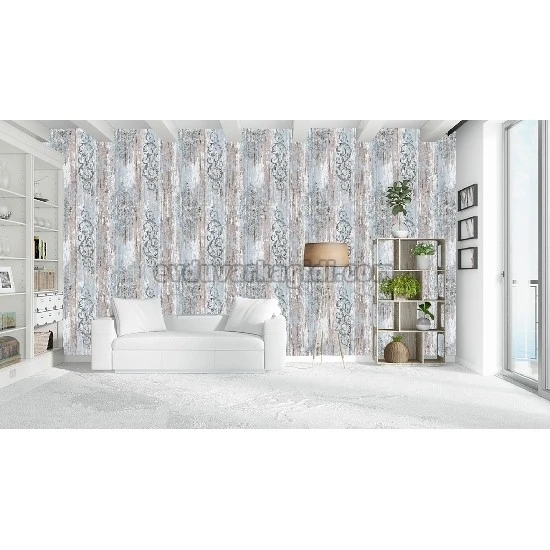 Bella Wallcoverings Gri Kahve Mavi Eskitme Zemin Klasik Motif Desenli YG30505 Duvar Kağıdı 16.50 M²