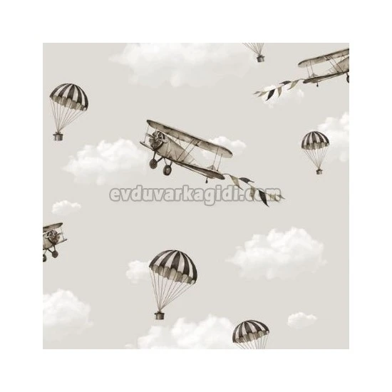 Golden Happy Kids Beyaz Kahve Lacivert Gökyüzü Uçak Paraşüt Desenli 1853 Duvar Kağıdı 5 M²