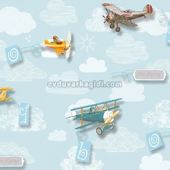 Duka Kids Collection Mavi Zemin Beyaz Bulutlar Üzeri Sarı Turuncu Yeşil Gri Uçaklar Desenli 15157-3 Duvar Kağıdı 16.20 M²