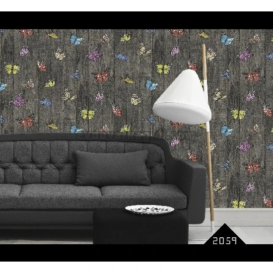 Wall212 3d Single 3 Boyutlu Koyu Gri Eskitme Ahşap Zemin Renkli Kelebek Desenli 2059 Duvar Kağıdı 5 M²
