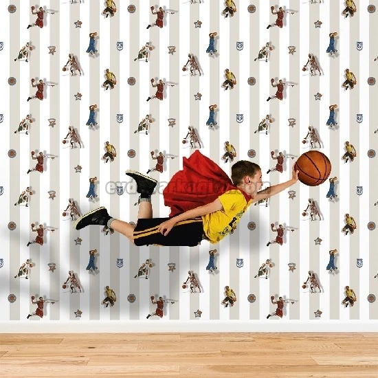 Duka Kids Collection Krem Beyaz Çizgili Zemin Üstünde Basketbolcu Temalı Desenli 15188-1 Duvar Kağıdı 16.20 M²