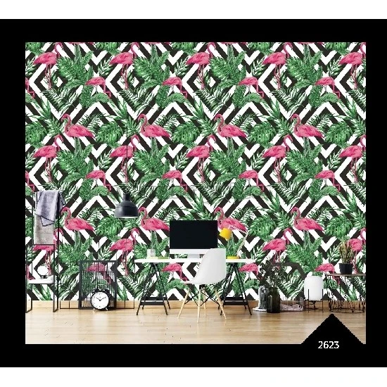 Wall212 3d Natural 3 Boyutlu Siyah Beyaz Geometrik Desen Üstüne Yeşil Yaprak Pembe Flamingo Desenli 2623 Duvar Kağıdı 5 M²