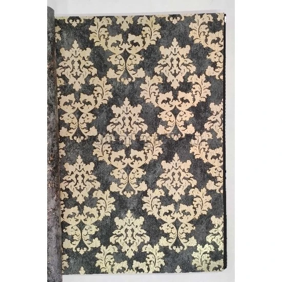 Golden Black Gri Siyah Dokulu Eskitme Zemin Üstüne Gold Motifli Damask Desenli 41286 Duvar Kağıdı 16.10 M²