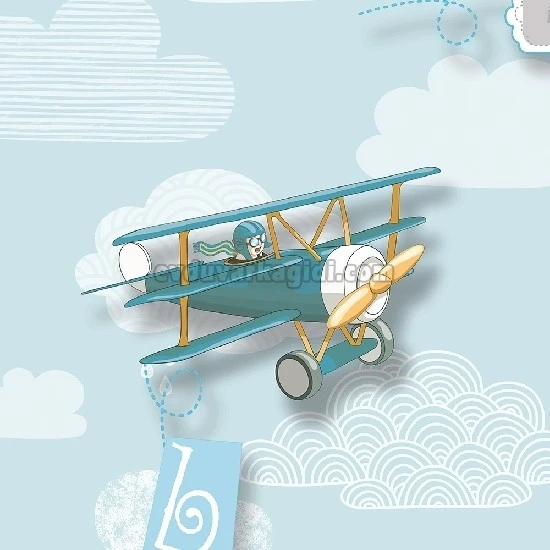 Duka Kids Collection Mavi Zemin Beyaz Bulutlar Üzeri Sarı Turuncu Yeşil Gri Uçaklar Desenli 15157-3 Duvar Kağıdı 16.20 M²