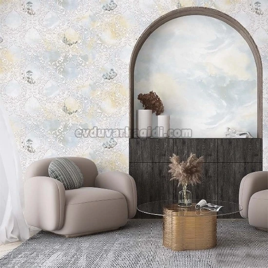 Duka Voyage Bebe Mavisi Açık Sarı Bulutumsu Zemin Üstünde Damask Motif İçinde Ağaç Desenli 24650-3 Duvar Kağıdı 10.60 M²