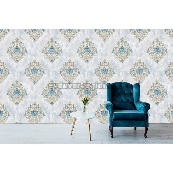 Bella Wallcoverings Gri Mavi Sarı Damask Desenli YG31105 Duvar Kağıdı 16.50 M²