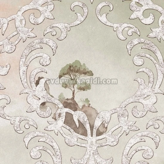 Duka Voyage Su Yeşili Krem Bulutumsu Zemin Üstünde Damask Motif İçinde Ağaç Desenli 24650-2 Duvar Kağıdı 10.60 M²